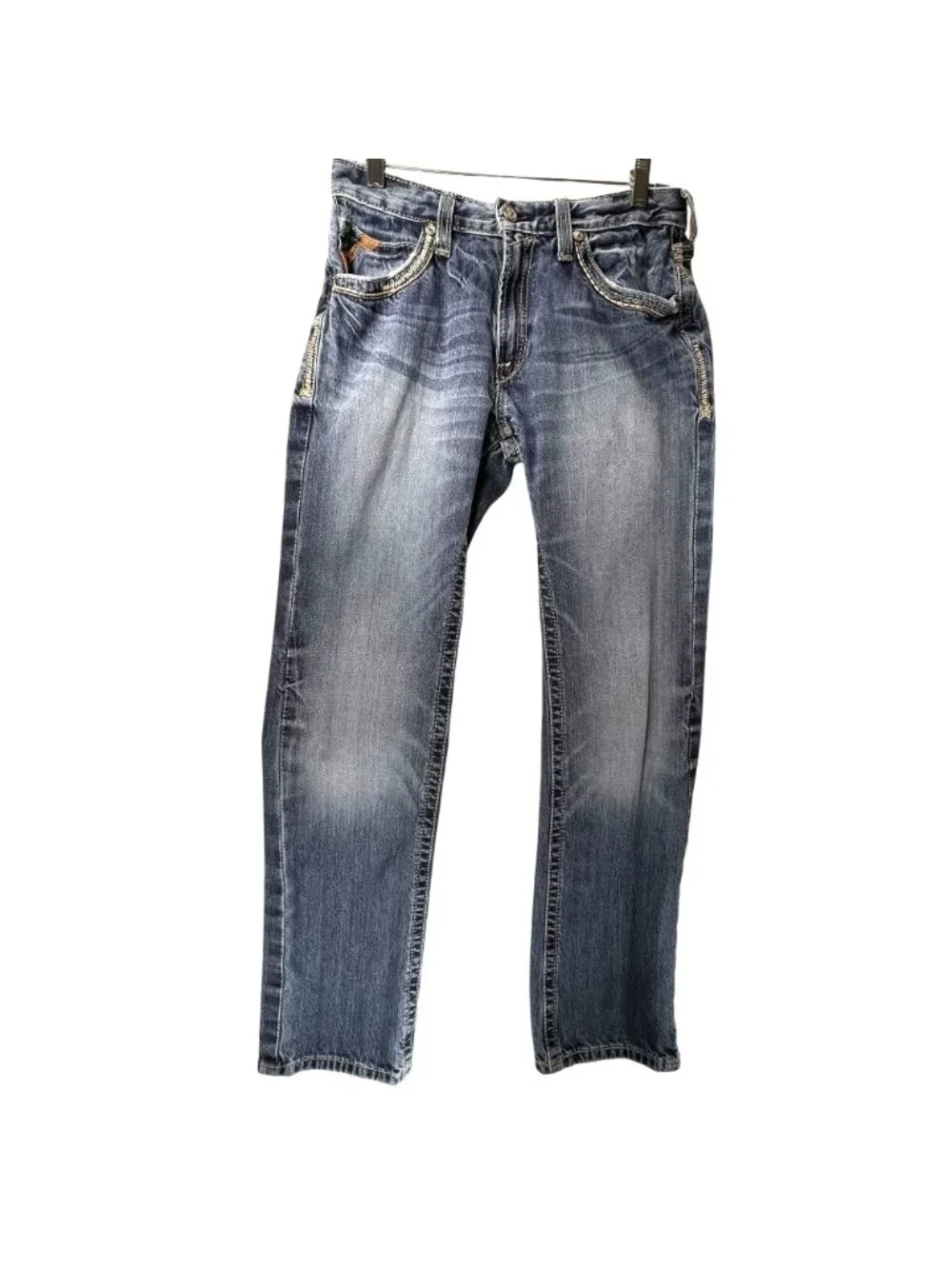 Ariat Mens Distressed Straight Denim Jeans 30/34 Stitching Embroidered Western - Picture 2 of 16
